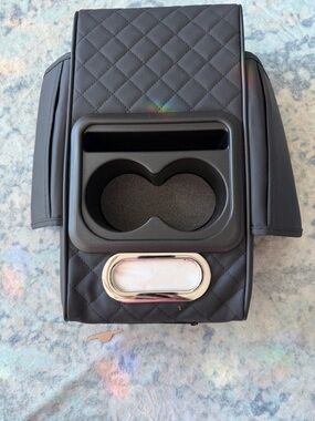 Universal Black Quilted VR/AR Accessory Console Organizer with Dual Cup Holders